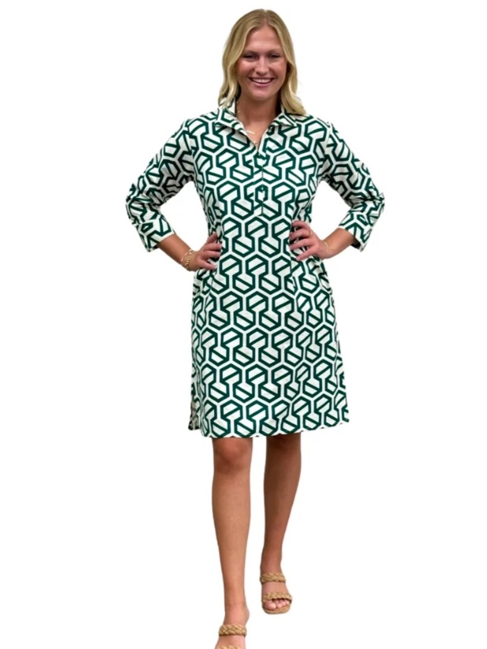 Liza Byrd The Lisette Cotton Canvas Dress Emerald White Tunic Dress size L